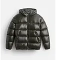 Close-up showing the shiny texture and hooded design of this men's dark olive puffer - XS / Tops / Army Green
