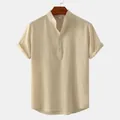 Chemise d'été pour hommes en coton et lin avec col officier de couleur beige clair - M / Hauts / Kaki