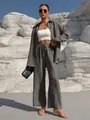 Women's 2-piece dark grey casual set with long sleeve shirt and wide leg pants - Gray