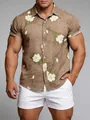 Nahaufnahme eines Herren-Sommerhemds mit kurzem Arm und Vintage-Magnolien-Print. - 3XL / Oberteile / Khaki (C89)