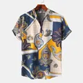 Detail view of men's summer short sleeve shirt with vibrant paisley and geometric print - M / Tops / Navy Color Block Paisley (PL008)