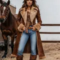 Vintage American style long shearling coat with fur trim shown in a scenic ranch setting - S / Tops / Dark Brown (V8)