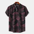 Detailed view of men's short-sleeve shirt featuring a vintage dark red newspaper print - M / Tops / Dark Red & Black Retro Print (PL003)