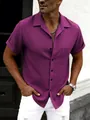 Casual men's short-sleeved button-down shirt in magenta with lapel collar and pocket. - Burgundy