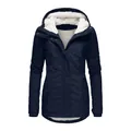 Women's navy blue winter hooded parka jacket with warm white fleece lining and pockets - Navy Blue