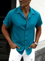 Men's stylish casual teal short sleeve lapel button-down shirt with a front pocket - Teal