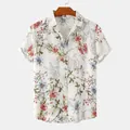 Detailed view of a men's short-sleeved floral shirt with vibrant hibiscus print. - 2XL / Tops / Off White with Red Blue Floral (C57)