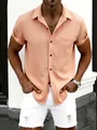 Men's casual salmon pink short sleeve shirt featuring lapel collar and chest pocket - Orange