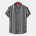 Detailed view of men's short sleeve shirt with black and white vertical stripes - M / Tops / Black Base White Vertical Stripe Style (C155)