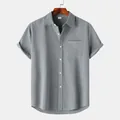 Vista frontale dettagliata della camicia da uomo in lino grigio a maniche corte con tasca - Taglia S / Top / Grigio chiaro