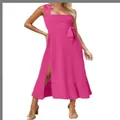 Elegant hot pink off-shoulder midi dress with side slit and adjustable waist tie for summer - Rose Red