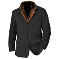 Close-up of vintage men's workwear jacket with brown leather trim and button detail - S / Tops / Black