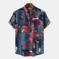 Detail view of men's short-sleeved casual shirt featuring vibrant Hawaiian ethnic prints - Dark Blue & Orange Geometric (PL004)