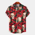 Detailed view of Halloween men's short sleeve shirt with skull and red rose gothic print - S / Tops / Black Skull Rose