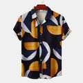 Detail shot of men's geometric print short sleeve beach shirt with navy and yellow patterns - 3XL / Tops / Navy Yellow White Geometric Print (C210)