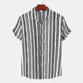 Detailed front view of men's casual short-sleeve shirt with black and white vertical stripes - M / Tops / White Base Hand-Drawn Black Stripe Style (C155)