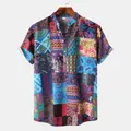 Detailed view of men's short sleeve shirt featuring vibrant colorful patchwork patterns - M / Tops / Peacock Blue Multicolor Patchwork (PL005)