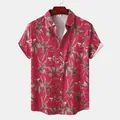 Detailed view of red short sleeve shirt with tropical leaf and flower print pattern. - 3XL / Tops / Red Tropical Floral (C206)
