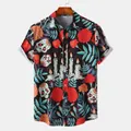 Detailed view of Halloween themed men's casual short sleeve shirt featuring skull and flower prints - Black Colorful Sugar Skull