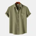 Detailed front view of men's olive green waffle knit short sleeve casual shirt - Army Green