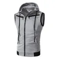 Close-up of a men's grey slim-fit hooded sleeveless vest with zipper details. - 3XL / Tops / Light Gray