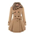 Elegant double-breasted khaki wool coat with large fur collar and pleated belted waist - S / Tops / Khaki