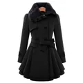Manteau élégant en laine à double boutonnage pour femme avec col en fourrure - S / Hauts / Noir