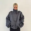 Modern oversized grey wool coat for women featuring a high stand collar and single-breasted buttons - S / Tops / Gray