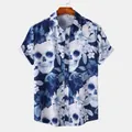Men's casual beach shirt with blue tropical floral and skull patterns in macro detail - S / Tops / Navy Blue Skull Floral