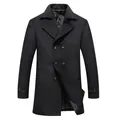Men's classic black double-breasted wool blend pea coat with warm quilted lining - Black (K57)
