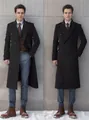 Men's slim fit black double-breasted wool coat, elegant long winter trench jacket - Black (K66)