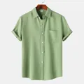Detalle de una camisa de manga corta verde salvia para hombre con textura de gofre fina - 3XL / Tops / Verde claro