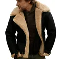 Detail view of the warm faux fur lining on a men's black vintage aviator jacket - S / Tops / Black Suede Style
