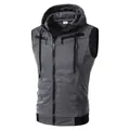 Professional close-up view of a grey slim-fit hooded vest for men with black ribbed trim. - 3XL / Tops / Dark Gray