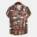 Detail view of men's short-sleeved beach shirt with vintage tribal animal print pattern - 3XL / Tops / Retro Forest Deer Print (C205)