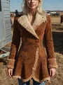 Vintage brown faux suede coat with shearling trim and slim fit silhouette for winter - S / Tops / Dark Brown