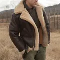 Men's vintage shearling leather jacket with warm wool lining in an outdoor setting - S / Tops / Brown PU Leather