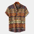 Detail view of men's short sleeve shirt with vibrant ethnic Hawaiian print and stand collar. - Ginger Ethnic Geometric Print (PL011)