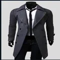 Classic dark grey double-breasted long wool coat for men featuring a slim fit and large lapels - M / Tops / Gray
