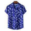 Men's blue Hawaiian short sleeve shirt featuring a white pineapple print and lapel - M / Tops / Navy Blue White Pineapple Print (XH34)