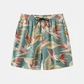 Macro view of tropical bird of paradise floral print on men's beach shorts. - M / Bottoms / DK159-Green Tropical Landscape