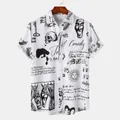 Detailed view of men's white short-sleeve shirt with black vintage Halloween graphic prints - S / Tops / White With Black Graffiti