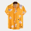Detail shot of yellow Hawaii shirt featuring playful white ghost and star prints. - M / Tops / Bright Yellow Ghost Pattern (C198)