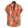 Men's slim fit short sleeve button-down shirt with vibrant red abstract floral print - M / Tops / XH02-Red
