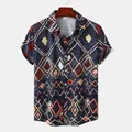Men's vintage ethnic geometric print short-sleeved casual beach holiday shirt on hanger - Navy Ethnic Geometric Print (C209)