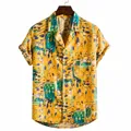 Men's slim-fit short-sleeved casual shirt with vibrant yellow abstract print pattern - M / Tops / XH02-Yellow