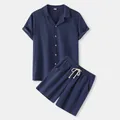 Detail view of men's navy blue cotton linen short sleeve shirt and shorts set - S / Top And Bottom / Navy Blue
