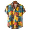 Detail van herenoverhemd met korte mouwen, opstaande kraag en kleurrijk paisley patchworkpatroon - 3XL / Tops / Geel Patchwork