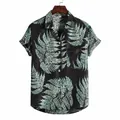 Men's slim-fit short-sleeve shirt with black and green fern leaf print - XH04 Black & Green