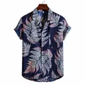 Stylish Men's Navy Blue Leaf Print Short Sleeve Casual Button Down Shirt for Summer - XH04 Navy Blue